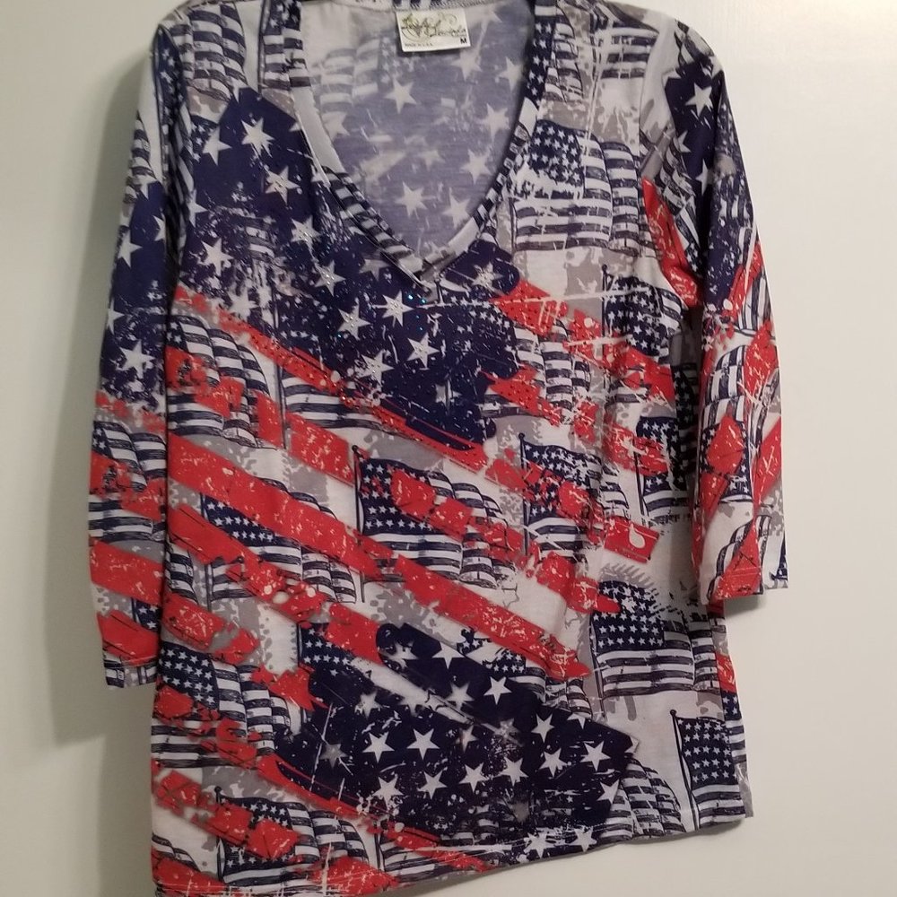 Leslie Lucinda American Flag shirt Medium 3/4 sleeve